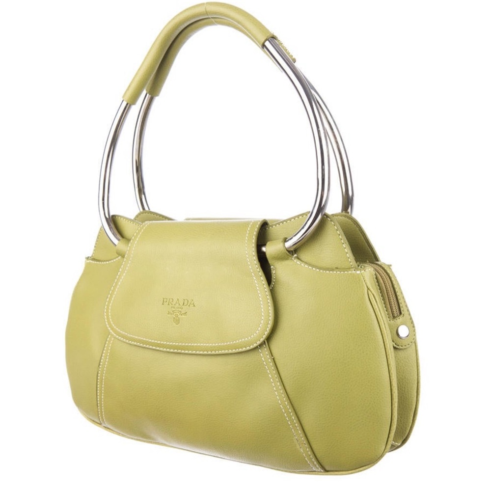 PRADA LEATHER SHOULDER BAG W/ METAL HANDLES. NEVER USED. DUST BAG